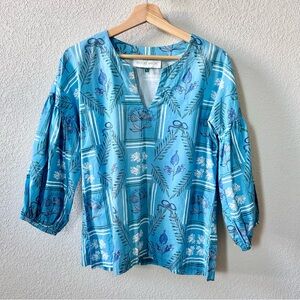 Brooke Wright 100% Cotton Poplin Blue Botanical Print Top Size Large Floral